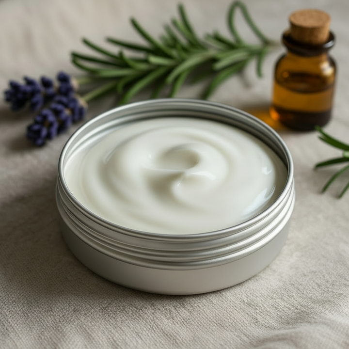 A tin of Scottish botanical hand cream on a concrete background with lavender flowers and essential oil in the background