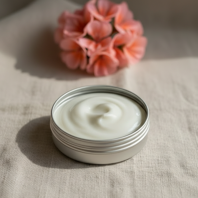 A tin of scottish botanical hand cream on a muslin cloth with a geranium flowerhead in the background made by Purple Sage Soap Company Ltd