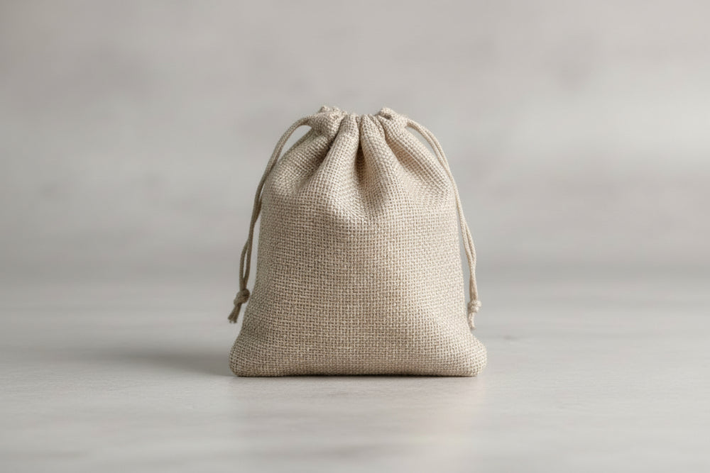 A small burlap sack with a green print of a clogs and the text 'Smelly Welly Soap Sacks'.