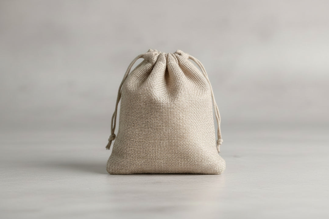 A small burlap sack with a green print of a clogs and the text 'Smelly Welly Soap Sacks'.