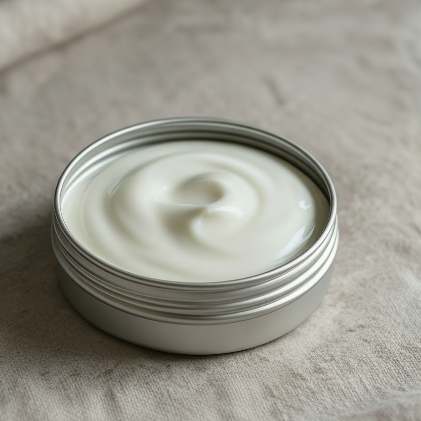a tin of hand cream on a muslin cloth