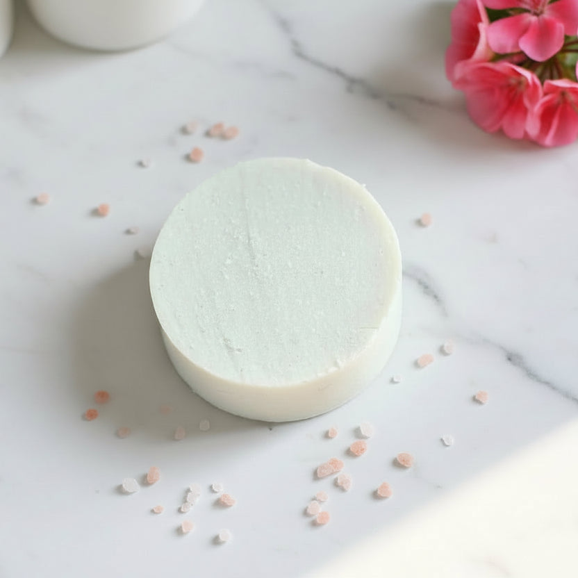 Himalayan Pink Salt Soap bar by purple sage soap company, presented in a tin with loofah soap rest. made in Scotland